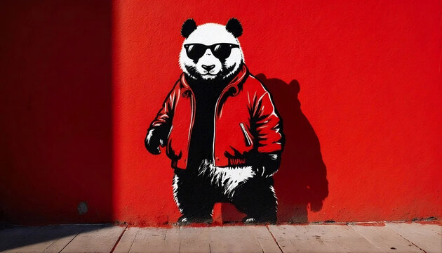 Generative AI graffiti style cool panda wearing sunglasses and red jacket standing by a red wall