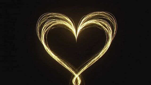 Igniting spark, gold trail drawing nested heart on black backdrop, animating motif, knotted loop