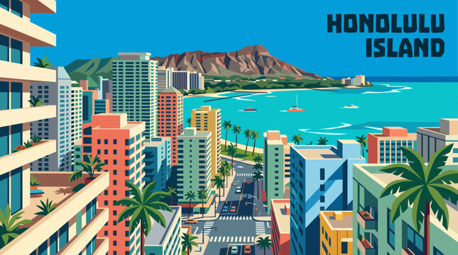 honolulu tropical island american city skyline vector architecture urban downtown travel tourism landmark modern landscape
