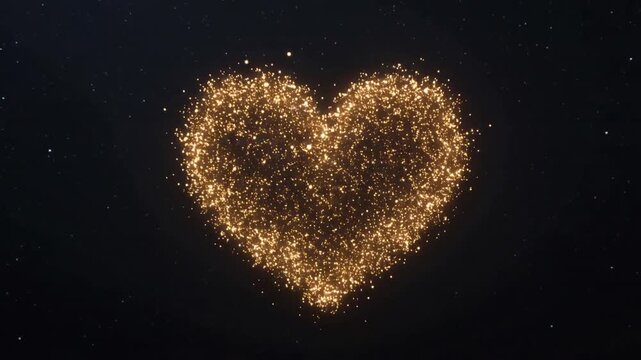 Pulsing emitter releasing golden sparks in starry void, heart outlining then forming glowing shape