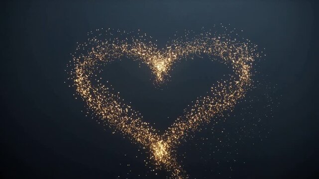 Streaming lower-left, golden particles tracing heart on dark-blue-gray backdrop, forming heart