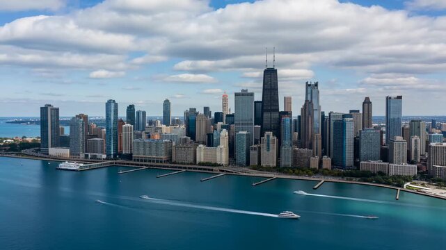 Chicago Skyline and Lake Michigan Aerial View 4K Video