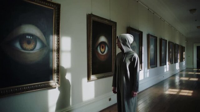 Glancing at eye art, man wearing hooded grey robe walking corridor, pausing, studying framed eyes