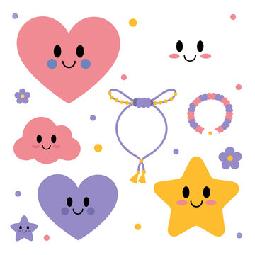 Cute kawaii pastel illustration set featuring smiling heart characters, happy clouds, adorable stars, colorful bracelets, and playful decorative elements. Soft cartoon-style icons with cheerful expres