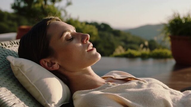 Reclining woman in light knit sweater soaking sun on woven chair, poolside deck with pillow