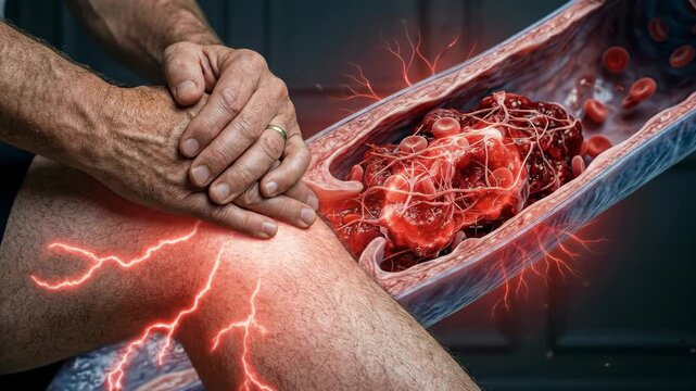 Vascular blockage threat: thrombosis occurrence, blood clot, vein vessel, leg ache, human body, knee joint, medical condition, circulatory system, pain sensation, health danger.