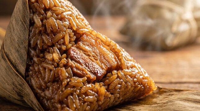 Close up of steaming hot zongzi sticky rice dumpling with meat filling for Dragon Boat Festival.