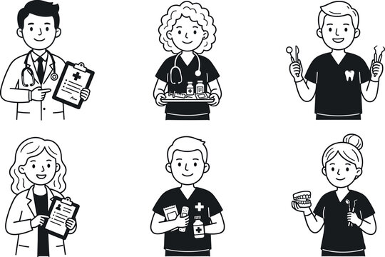 Medical Staff and Healthcare Professionals Avatar Set featuring Cartoon Doctors, Nurses, and Dentists holding Clipboard and Dental Equipment Vector IllustrationMedical Staff and Healthcare Professiona