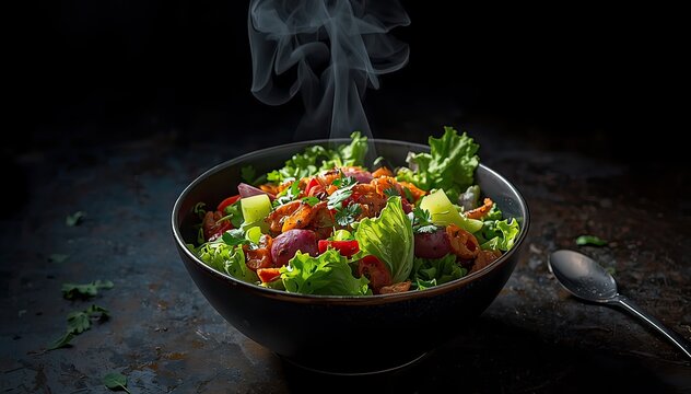 A steaming bowl of fresh mixed salad with vegetables on a dark table