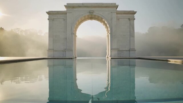 Rippling reflecting pool mirroring stone arch on terrace as gentle breeze and sun shift mist