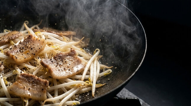 Wok Hei Magic: Steaming Sizzling Pork Belly and Crisp Bean Sprouts with Black Pepper