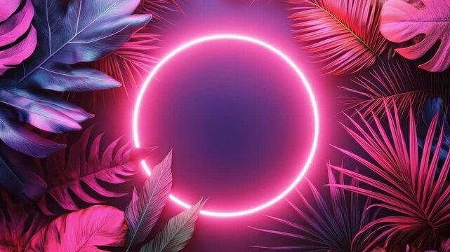 Neon circle frame with vibrant tropical leaves