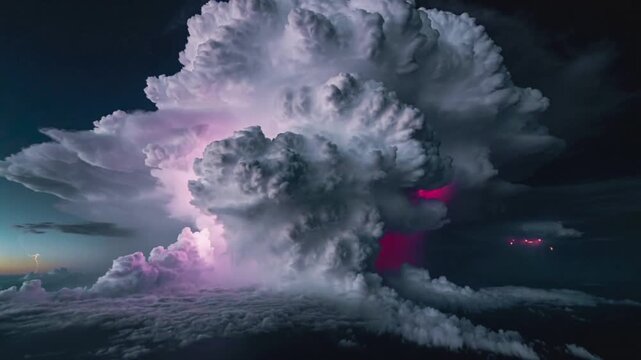 Following horizon strike cumulonimbus pulsing magenta flashes at dusk, distant bolts showing