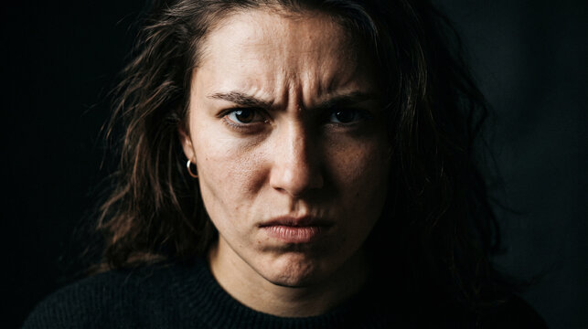 Intense closeup portrait of a woman with a furrowed brow and angry expression