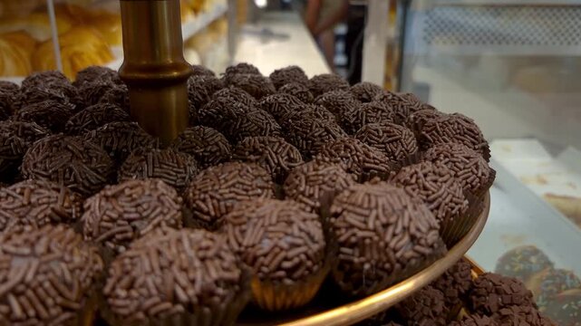 Closeup of chocolate fudge balls with sprinkles in a bakery window_mini crane shot.