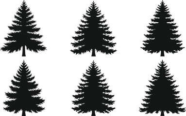 Obraz premium Set of stylized evergreen pine tree silhouettes arranged in rows for forest, nature, and landscape vector illustration projects