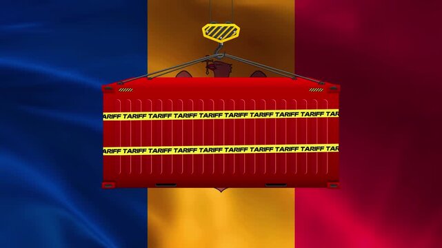 Container with Tariffs over Flag: A shipping container, adorned with yellow tariff tape, is suspended by a crane hook against a backdrop of a rippling national flag.