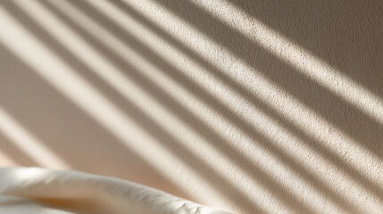 Fototapeta premium Soft cinematic shadows on textured beige wall, abstract luxury background, minimalist design aesthetic, natural sunlight pattern, elegant neutral tones, modern backdrop, with copy