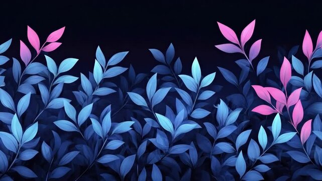 Vibrant blue and pink leaves against dark background