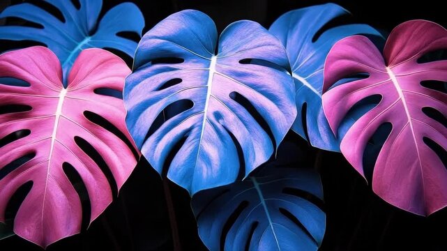 Vibrant pink and blue tropical monstera leaves on dark background