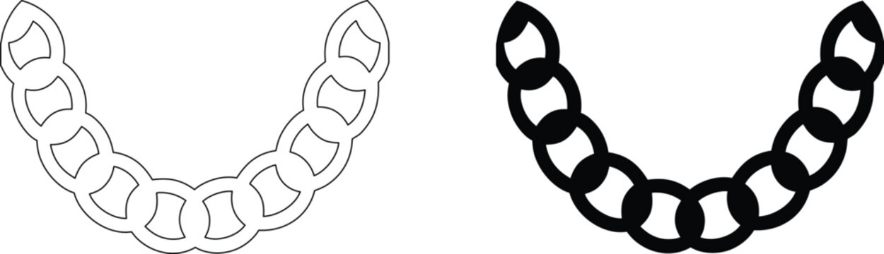 Jewelry chain necklace vector icon set with outline and black silhouette versions isolated.