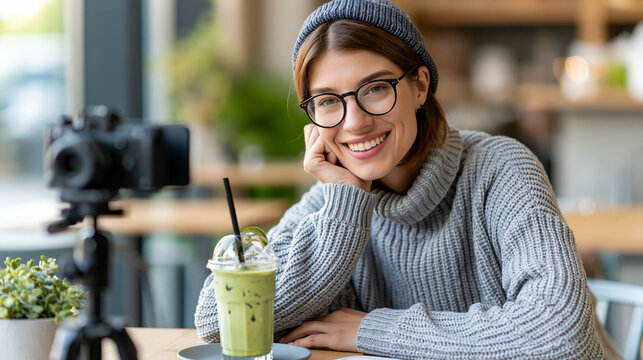 Young content creator filming reels on smartphone at trendy cafe, iced matcha nearby, influencer lifestyle, social media marketing concept, modern creator economy, realistic