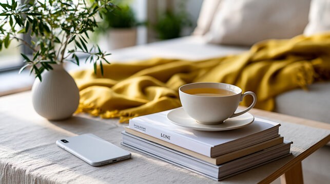 Digital detox concept with phone turned off beside book and tea, peaceful mindful atmosphere, slow living aesthetic, mental wellness lifestyle, cozy summer mood, realistic home