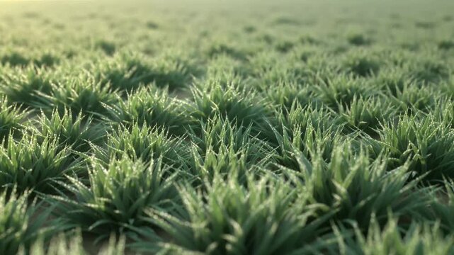 Catching camera shift and light, dense grass tufts glinting with dew in meadow to emphasize texture