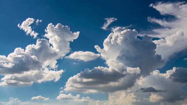 Billowing cumulus and cumulonimbus tower with anvil growing and drifting in open blue sky from sun