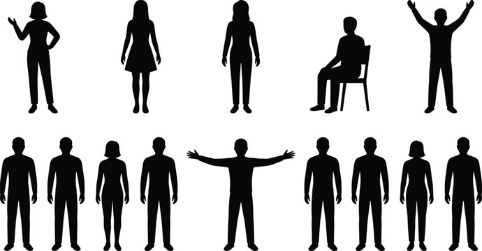 Silhouette collection of men and women in various standing, sitting, and expressive poses for design and illustration use