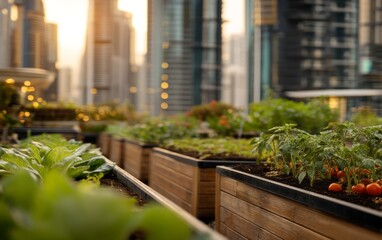 Fototapeta premium Sustainable Urban Rooftop Garden Scene Showcasing City Farming in a Modern Environment