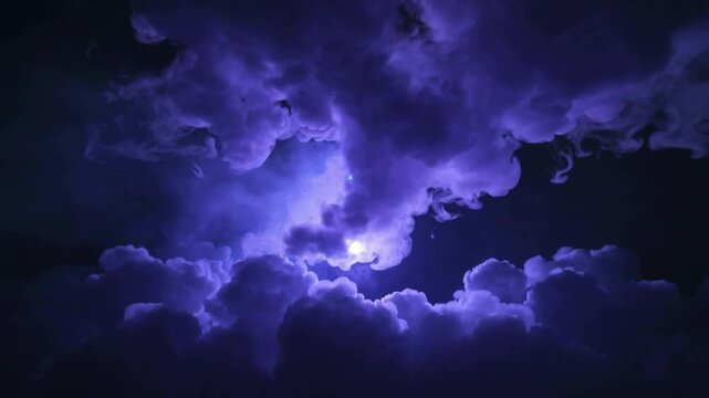 Appearing blue flare above central glow, purple clouds drawing downward toward light in night sky