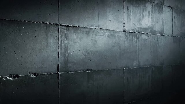 Moving angled lamp sweeping narrow beam across cinderblock wall in basement showing water streaks