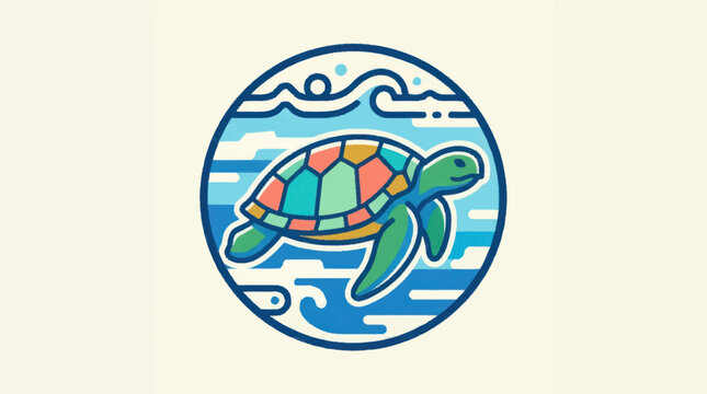 Colorful turtle swimming in sea.