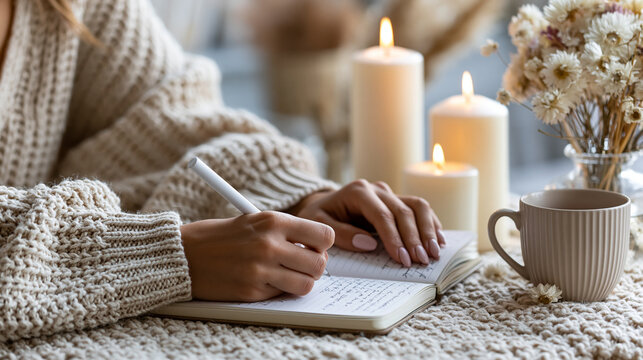Elegant female hands writing in journal beside candles and dried flowers, mindfulness concept, emotional healing, feminine self-care ritual, cozy aesthetic, warm cinematic tones,