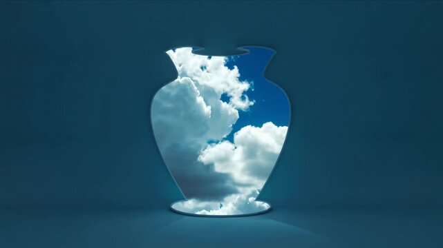 Showing vase mirror showing drifting clouds with sky animation starting on teal set with glass base