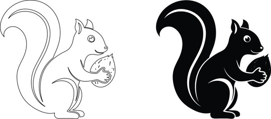 Squirrel holding acorn silhouette and outline set for autumn and forest themed graphics. © Rupasi