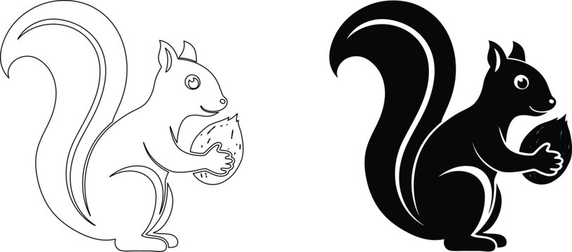 Squirrel holding acorn silhouette and outline set for autumn and forest themed graphics.