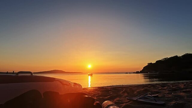 Calm Sunset Beach Sea Background With Boat In Slow Motion