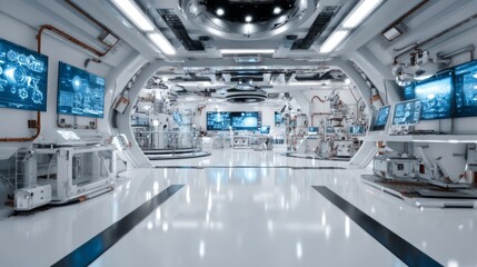 Obraz premium Futuristic Aerospace Mission Control Center with High-Tech Screens and Sleek Design for Operations and Monitoring