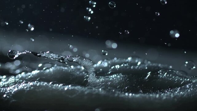 Impacts striking dense foam mound sending sheets rising and collapsing on tray showing droplets