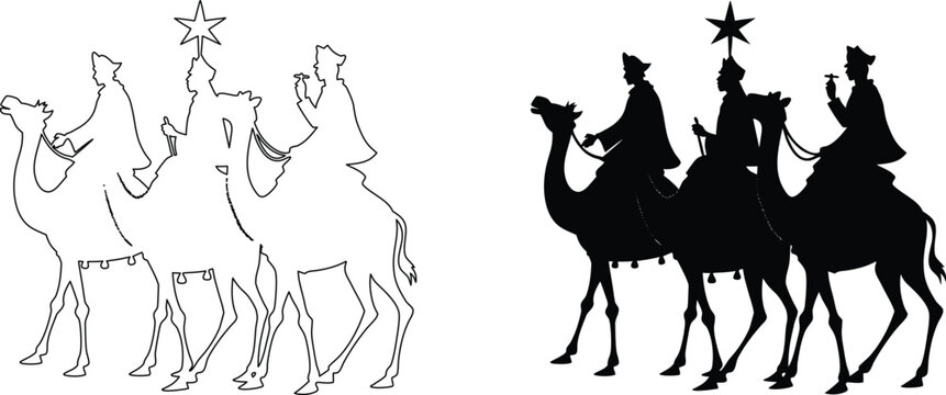 Vector illustration of three wise men riding camels with bright star on dark background.