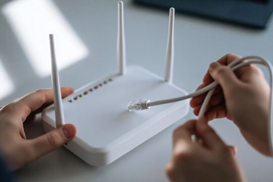 Hands plugging ethernet cable into a modern wifi router for internet