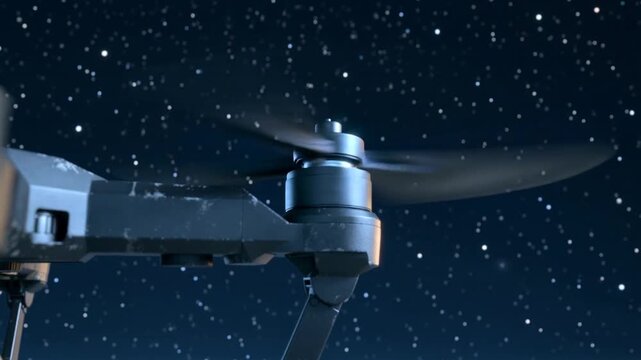 Powering drone right-arm motor spinning rotor in dark sky for test showing worn arm strut