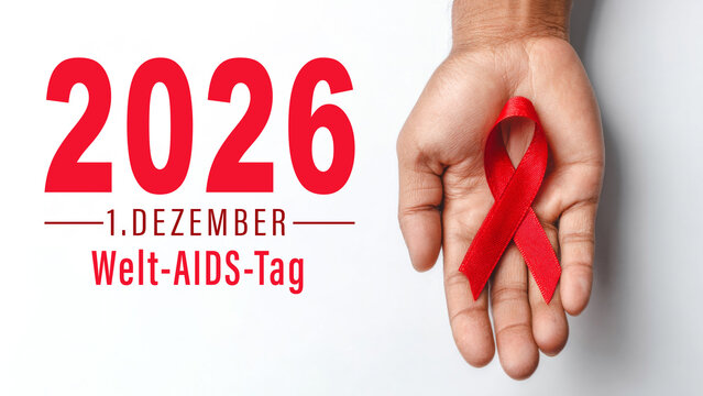 Welt-AIDS-Tag 2026, 1. Dezember - Nahaufnahme von Mann mit roter Aids Schleife und deutschem Text