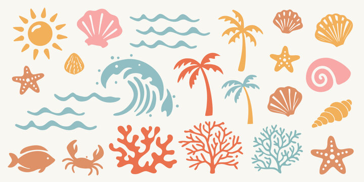 Beach Elements Illustration Sun Shells Waves Palm Trees And Marine Life