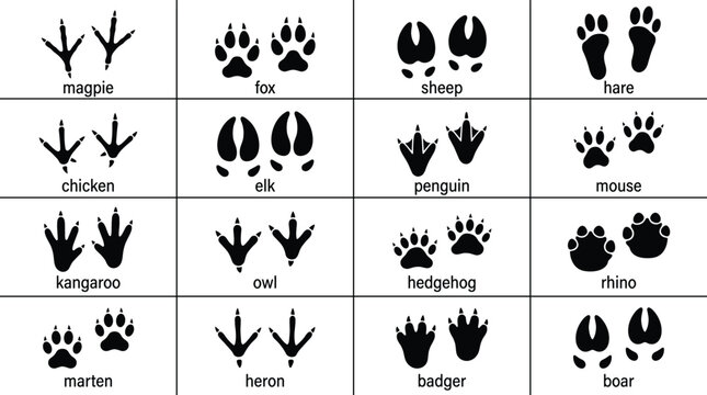 Animal footprint vector illustration showing tracks of birds and mammals including fox, elk, owl, penguin, and kangaroo in minimal design