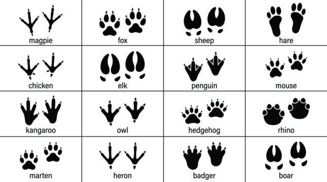 Animal footprint vector illustration showing tracks of birds and mammals including fox, elk, owl, penguin, and kangaroo in minimal design