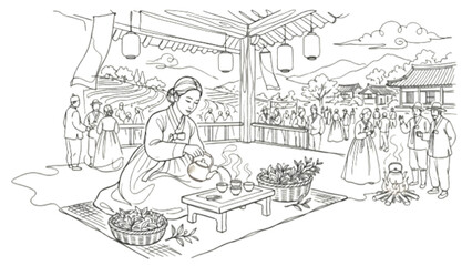 Naklejka premium Tea Festival One Line Drawing – Traditional Ceremony Steaming Cups Cultural Lifestyle Line Art
