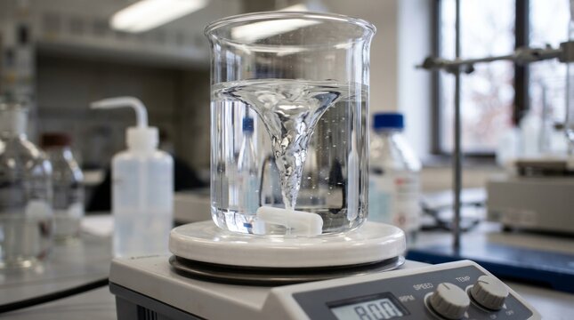 Laboratory magnetic stirrer spinning liquid in clear beaker on modern lab bench with equipment